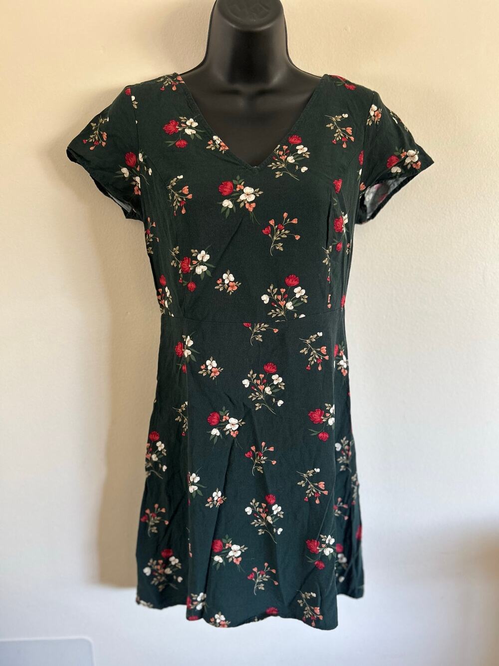 Old Navy Forest Green Floral Smocked Back Dress Small